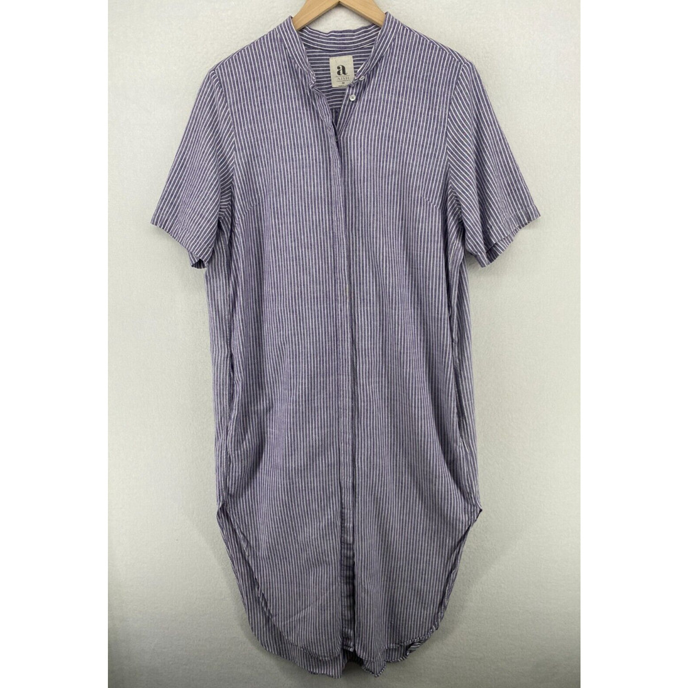 AISH Dress M Stripe Shirt Midi Band Collar Button Front Short Sleeve Cotton Blue